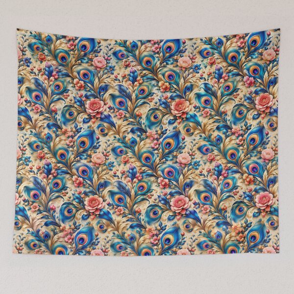 Item preview, Luxury Sapphire Blue Peacock Feathers and Pink Roses Floral Pattern designed and sold by HO•Designs.