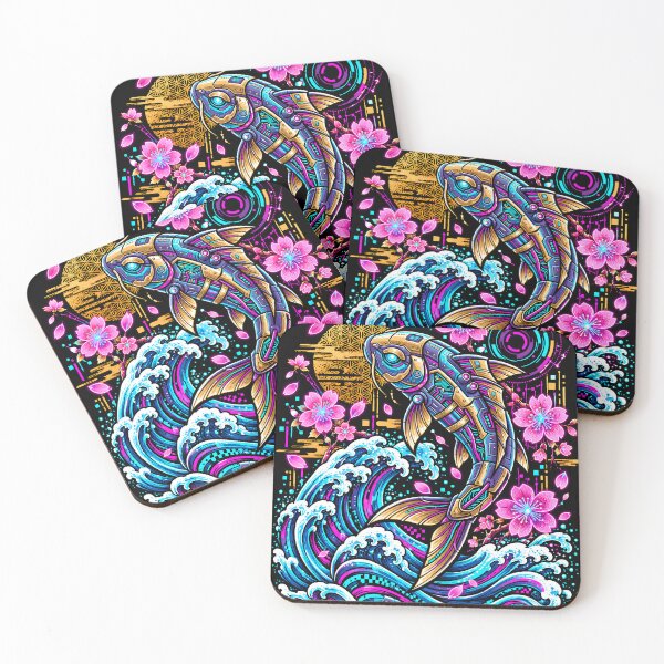 Item preview, Neon Cyber Koi Fish Futuristic Wave Sakura Digital Art designed and sold by Origamoart.