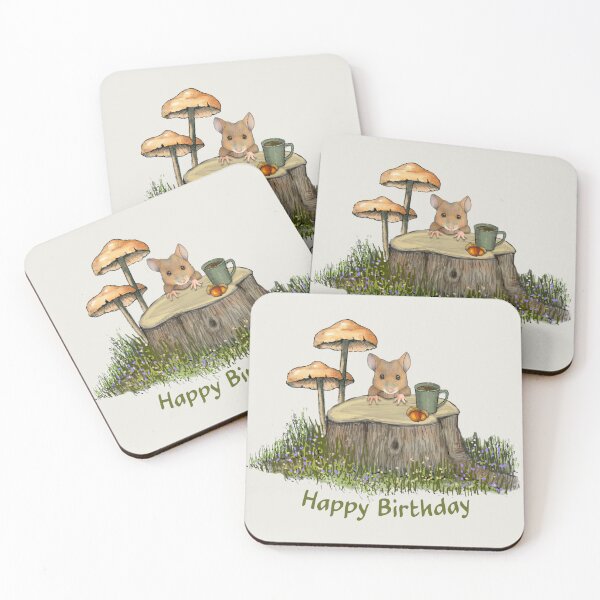 Item preview, Birthday wishes with Cute MOUSE with Mushrooms, Acorns, Coffee designed and sold by JoyfulWhimsy.
