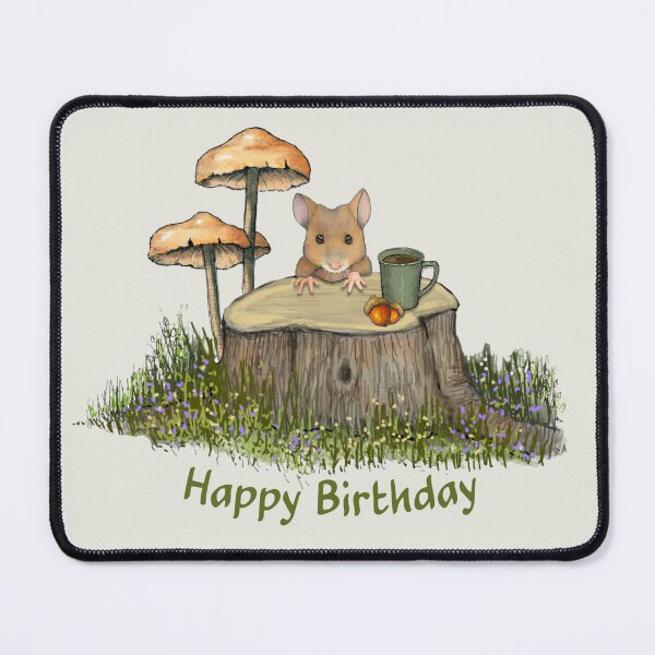 Item preview, Birthday wishes with Cute MOUSE with Mushrooms, Acorns, Coffee designed and sold by JoyfulWhimsy.