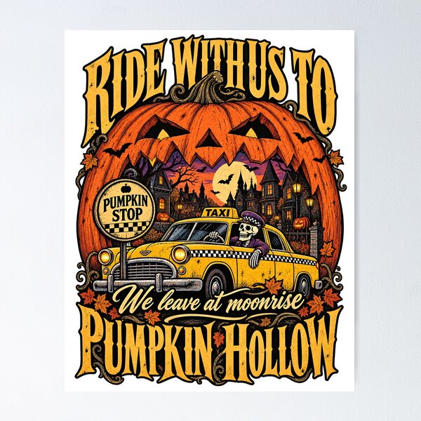 Item preview, Ride With Us to Pumpkin Hollow Halloween Taxi designed and sold by DesignArtist.ia.