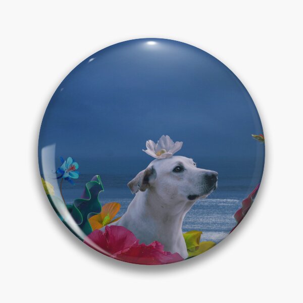 Item preview, A cute white dog sitting in the jungle, rendered in a realistic style against a backdrop of a stormy sky, with little flowers on its head. designed and sold by Vizerskaya.