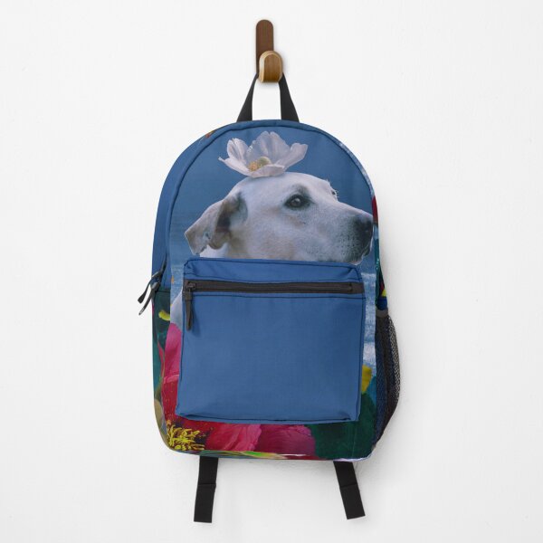 Item preview, A cute white dog sitting in the jungle, rendered in a realistic style against a backdrop of a stormy sky, with little flowers on its head. designed and sold by Vizerskaya.