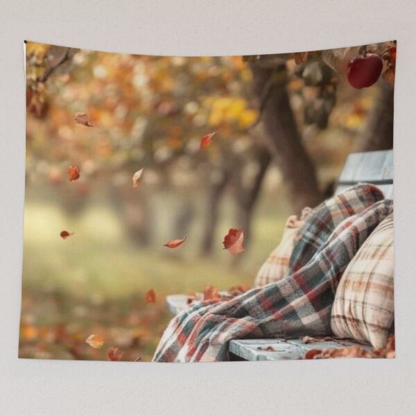 Item preview, Cozy Autumn Apple Orchard Garden Bench — Red Apples & Tartan Blanket Art designed and sold by LYAN-STORE.