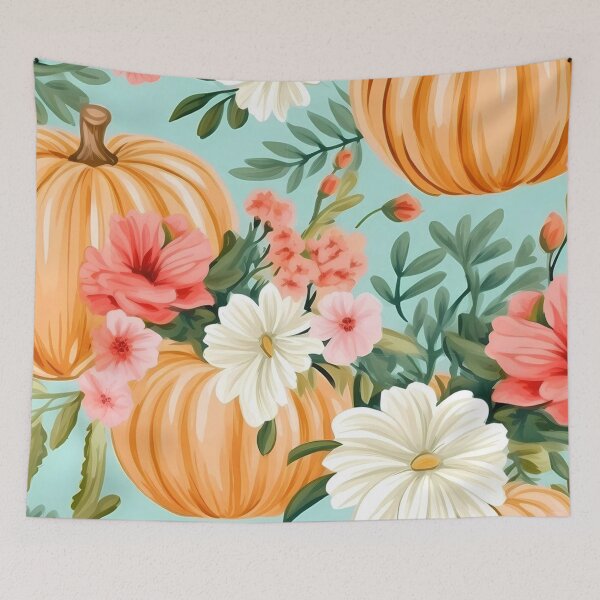 Item preview, Floral Pumpkin Seamless Pattern — Mint Blue Floral Autumn Harvest Art designed and sold by LYAN-STORE.