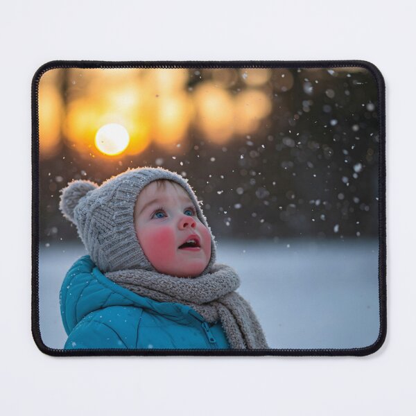 Item preview, Young child with rosy cheeks, wearing winter hat and scarf, looking up at falling snow during a warm-toned sunset designed and sold by homydesign.