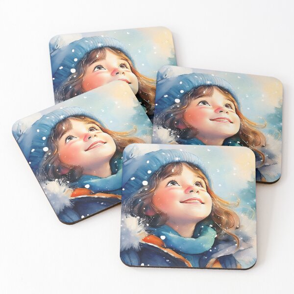 Item preview, Young girl with a blue hat and scarf looks up at falling snow, surrounded by a winter scene designed and sold by homydesign.