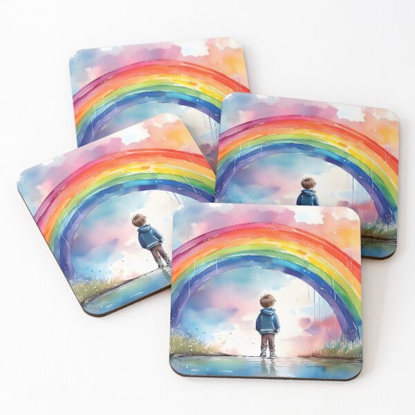 Item preview, A child stands before a vibrant watercolor rainbow arching over a reflective surface designed and sold by homydesign.