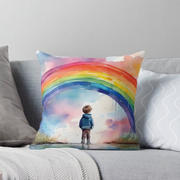 Item preview, A child stands before a vibrant watercolor rainbow arching over a reflective surface designed and sold by homydesign.