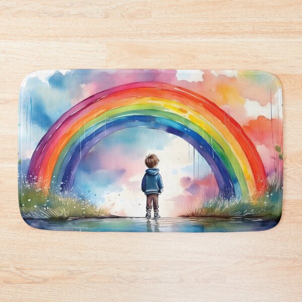 Item preview, A child stands before a vibrant watercolor rainbow arching over a reflective surface designed and sold by homydesign.