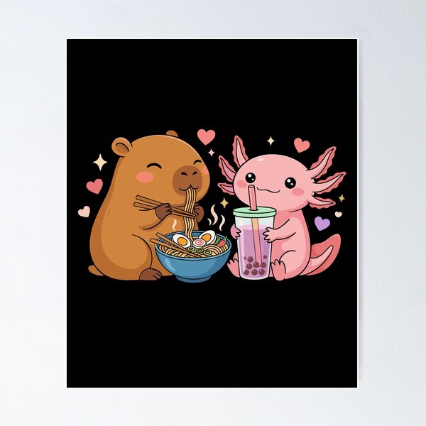 Item preview, Kawaii Animal Capybara Axolotl Eating And Drinking designed and sold by MalwasBasket.