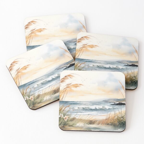 Item preview, Watercolor coastal scene with beach grass, wildflowers, and gentle waves meeting the sandy shore designed and sold by homydesign.