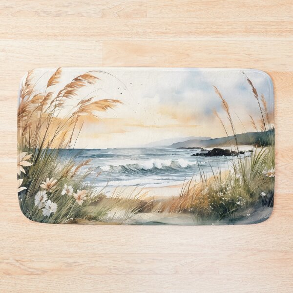 Item preview, Watercolor coastal scene with beach grass, wildflowers, and gentle waves meeting the sandy shore designed and sold by homydesign.