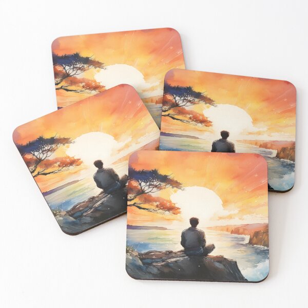 Item preview, A lone figure sits on a cliff's edge, gazing at the sunset over the ocean designed and sold by homydesign.