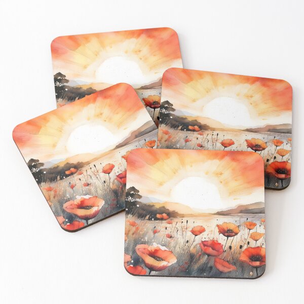 Item preview, Field of vibrant red and orange poppies under a dramatic sunset sky with distant mountains. Watercolor style designed and sold by homydesign.