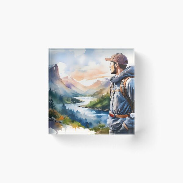 Item preview, A young adult male hiker with a backpack gazes at a vast mountain and lake landscape designed and sold by homydesign.