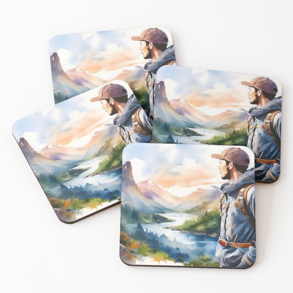 Item preview, A young adult male hiker with a backpack gazes at a vast mountain and lake landscape designed and sold by homydesign.
