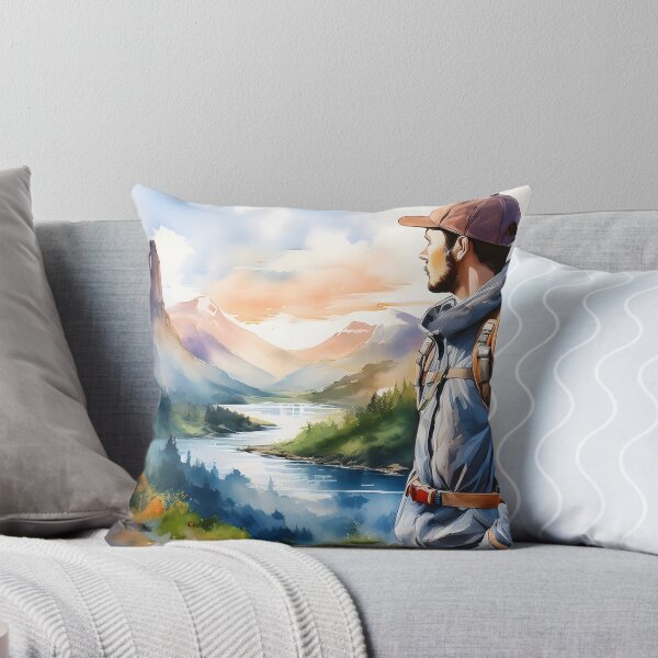 Item preview, A young adult male hiker with a backpack gazes at a vast mountain and lake landscape designed and sold by homydesign.