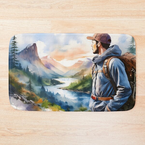 Item preview, A young adult male hiker with a backpack gazes at a vast mountain and lake landscape designed and sold by homydesign.