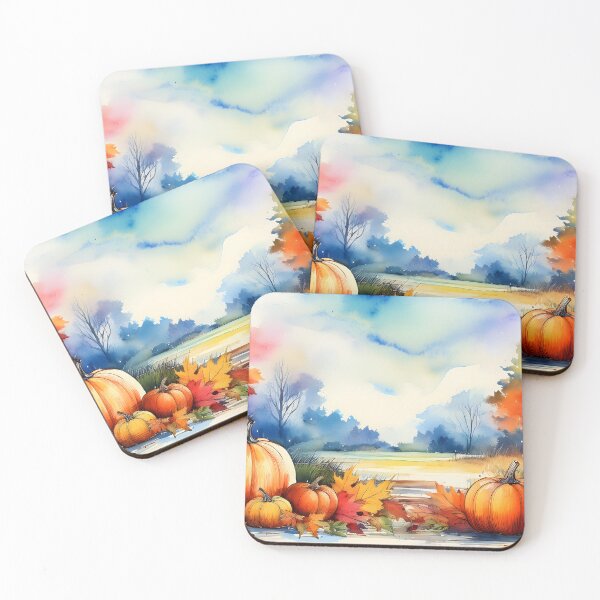 Item preview, Watercolor autumn scene with pumpkins, colorful leaves, and trees against a soft sky designed and sold by homydesign.