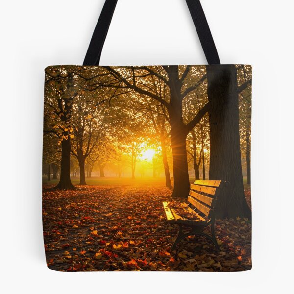 Item preview, A solitary wooden bench sits in a golden autumn park filled with fallen leaves and glowing sunlight.    designed and sold by homydesign.