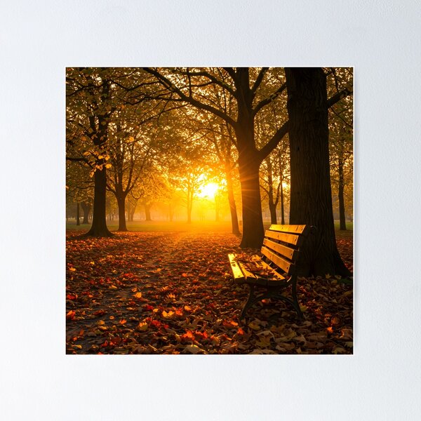 Item preview, A solitary wooden bench sits in a golden autumn park filled with fallen leaves and glowing sunlight.    designed and sold by homydesign.