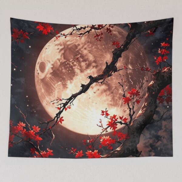 Item preview, Full Moon Night Landscape — Red Maple Leaves & Celestial Japanese Aesthetic Art designed and sold by LYAN-STORE.