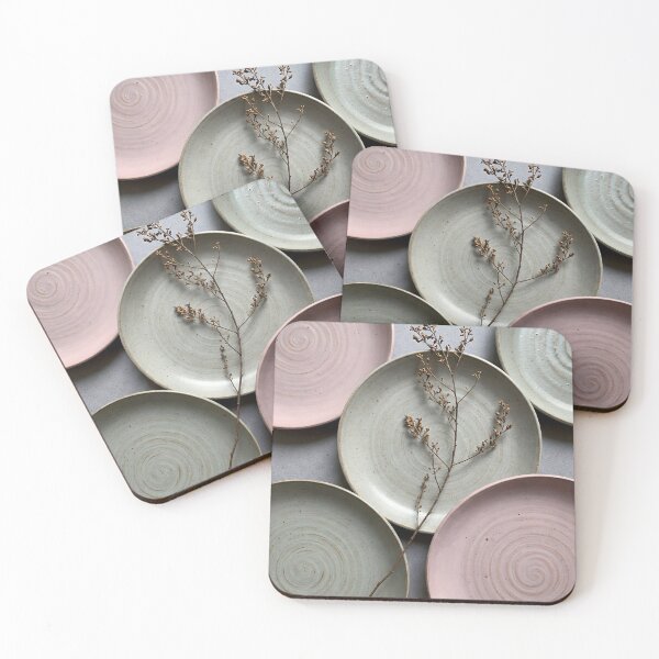 Item preview, Pale pink and green speckled plates arranged with a delicate dried branch designed and sold by homydesign.