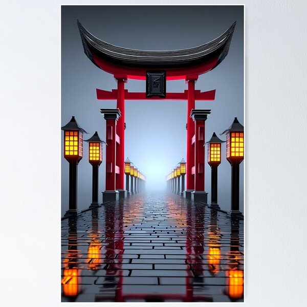 Item preview, Japanese Torii Gate in Fog — Red Shrine Gate & Glowing Lanterns Art designed and sold by LYAN-STORE.