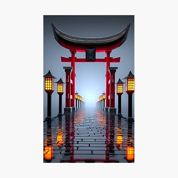 Item preview, Japanese Torii Gate in Fog — Red Shrine Gate & Glowing Lanterns Art designed and sold by LYAN-STORE.