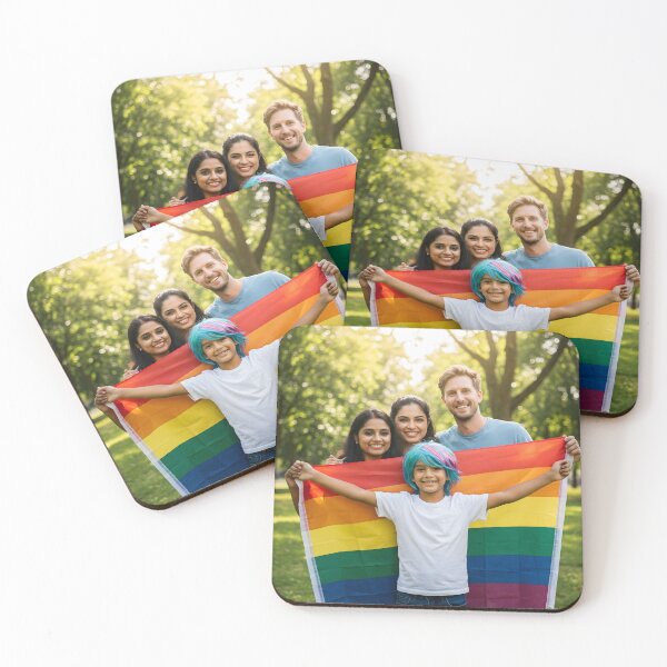 Item preview, Four smiling people holding a rainbow pride flag outdoors in a park designed and sold by homydesign.