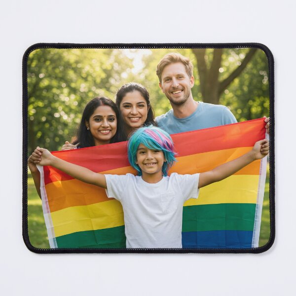 Item preview, Four smiling people holding a rainbow pride flag outdoors in a park designed and sold by homydesign.
