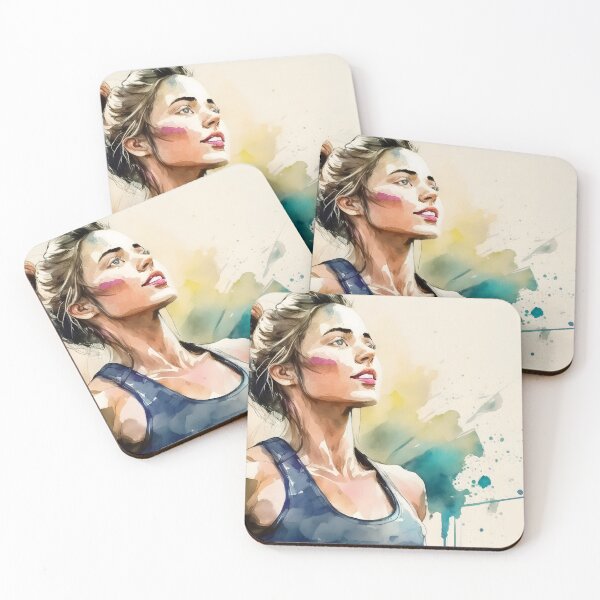 Item preview, A young adult female with a ponytail looks upward in a dynamic watercolor portrait designed and sold by homydesign.