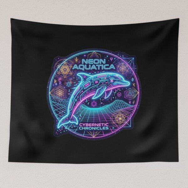 Item preview, Neon Aquatica. Gnostic esoteric Dolphin. Sacred Geometry. Synthwave style designed and sold by GRIMDELIGHT.