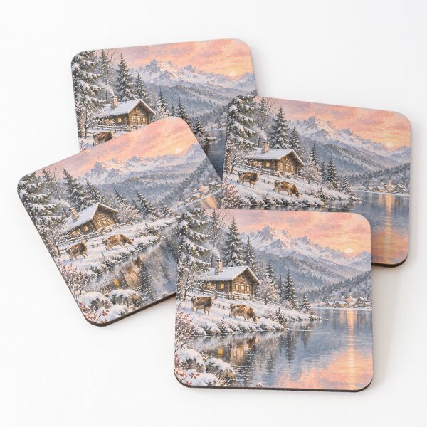 Item preview, Rustic Winter Lake Cabin Oil Painting Sunset Snow designed and sold by Jozefin's Studio.