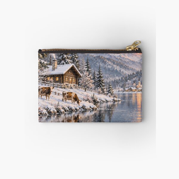 Item preview, Rustic Winter Lake Cabin Oil Painting Sunset Snow designed and sold by Jozefin's Studio.