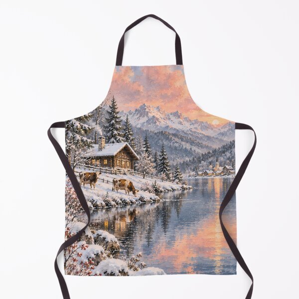 Item preview, Rustic Winter Lake Cabin Oil Painting Sunset Snow designed and sold by Jozefin's Studio.