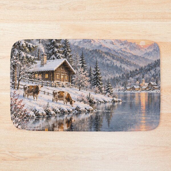 Item preview, Rustic Winter Lake Cabin Oil Painting Sunset Snow designed and sold by Jozefin's Studio.