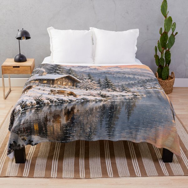 Item preview, Rustic Winter Lake Cabin Oil Painting Sunset Snow designed and sold by Jozefin's Studio.