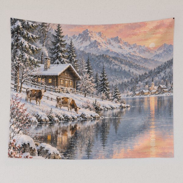 Item preview, Rustic Winter Lake Cabin Oil Painting Sunset Snow designed and sold by Jozefin's Studio.