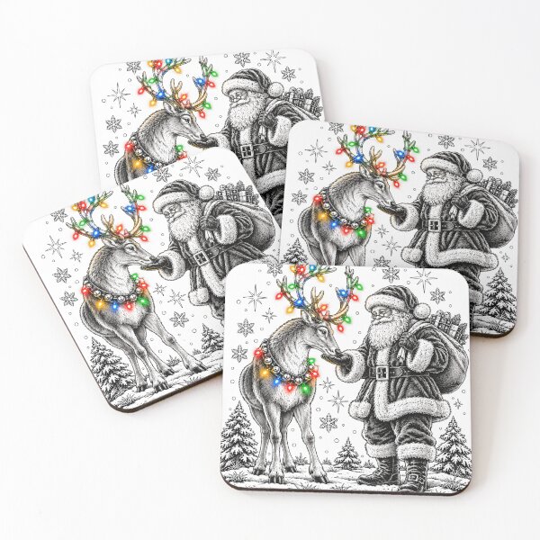 Item preview, Vintage Santa Claus Feeding Reindeer Christmas Lights Woodcut designed and sold by Nordo Studio.