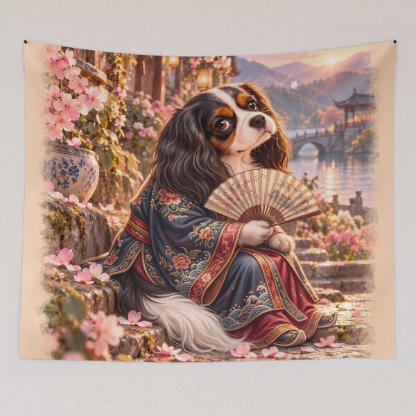 Item preview, Cavalier King Charles Spaniel in Hanfu – Cherry Blossom Dog Art designed and sold by ManJiangHong.
