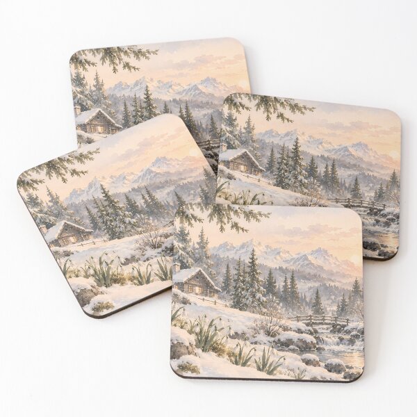 Item preview, Rustic Winter Mountain Cabin Watercolour Sunset Landscape designed and sold by Jozefin's Studio.