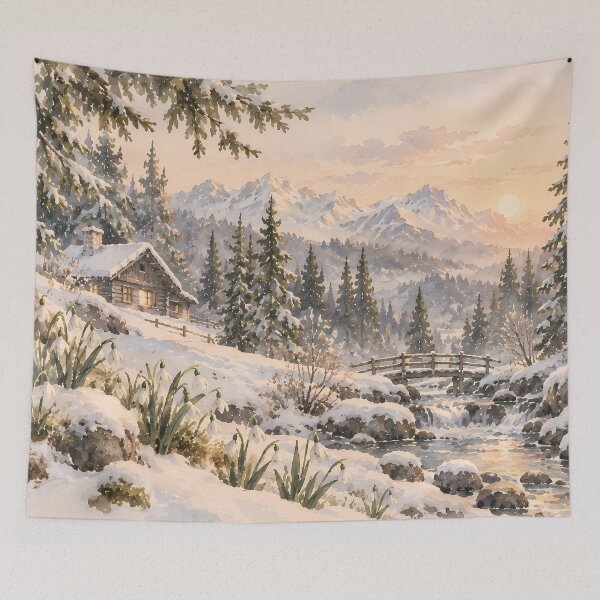 Item preview, Rustic Winter Mountain Cabin Watercolour Sunset Landscape designed and sold by Jozefin's Studio.