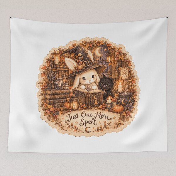 Item preview, The Bunny’s Book of Spells – Cute Witch Rabbit & Black Cat, Vintage Halloween Art designed and sold by TatiK-Treasures.