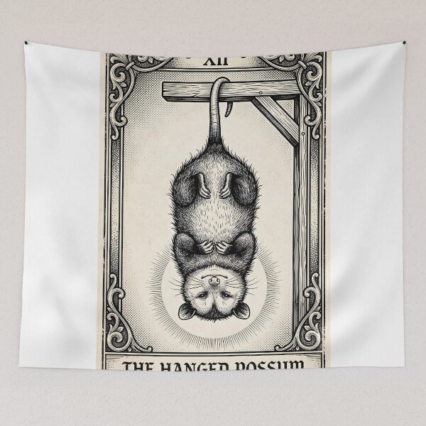 Item preview, The Hanged Opossum Tarot Card Funny Not My Circus Vintage Woodcut Sticker designed and sold by Thuzito.