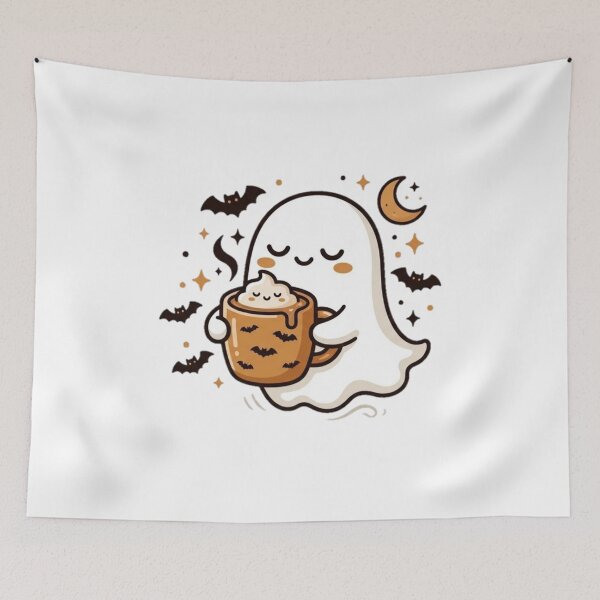 Item preview, Kawaii Sleepy Ghost with Steaming Coffee Halloween Sticker Illustration designed and sold by YounexxART.