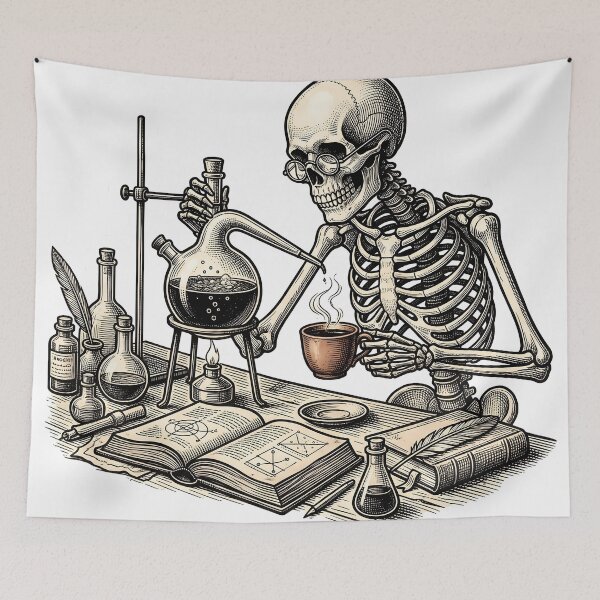 Item preview, Caffeinated Necromancy Alchemist Skeleton Vintage Woodcut Coffee Sticker designed and sold by Thuzito.