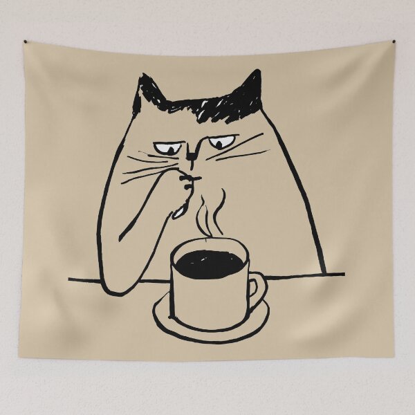 Item preview, Grumpy Cat Drinking Coffee Minimalist Black and White Art designed and sold by peterdesigns.
