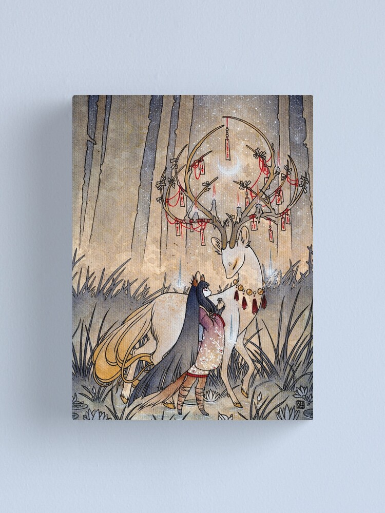 Alternate view of The Wish - Kitsune Fox Deer Yokai Canvas Print